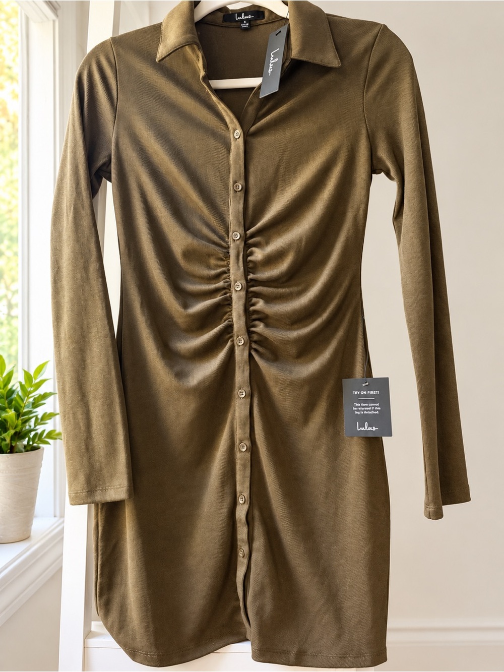 Lulus A Little Prep Olive Green Brown Ruched Button Up Mini Dress Small NWT